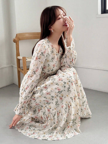 FRIFUL Women's V-Neck Floral Printed Dress