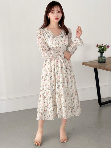 FRIFUL Women's V-Neck Floral Printed Dress