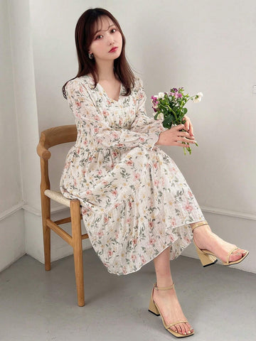 FRIFUL Women's V-Neck Floral Printed Dress