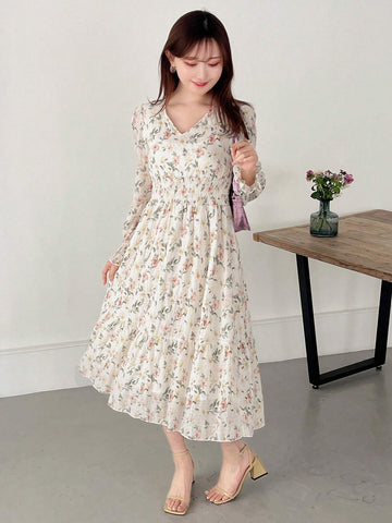 FRIFUL Women's V-Neck Floral Printed Dress
