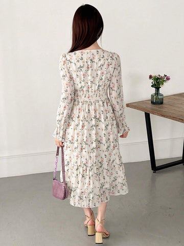 FRIFUL Women's V-Neck Floral Printed Dress