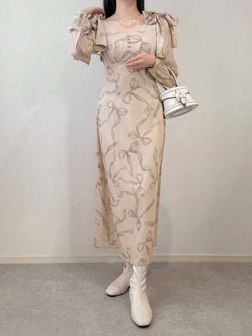 FRIFUL Women's V-Neck Front Button Long Sleeve All-Over Allover Print Long Casual Dress