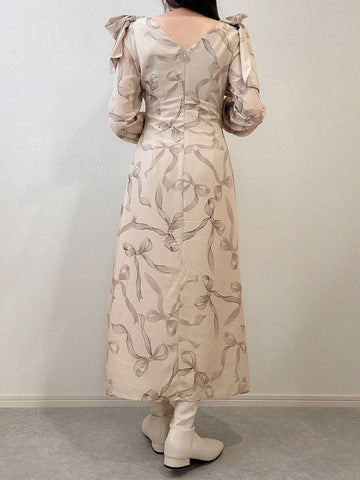 FRIFUL Women's V-Neck Front Button Long Sleeve All-Over Allover Print Long Casual Dress