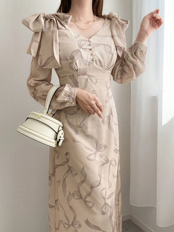 FRIFUL Women's V-Neck Front Button Long Sleeve All-Over Allover Print Long Casual Dress