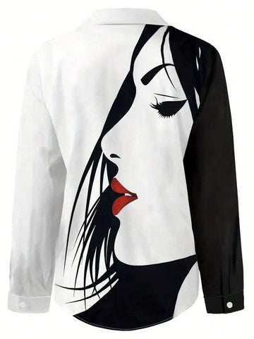 Facial Printed Button Up Shirt, Women's Long Sleeved Shirt