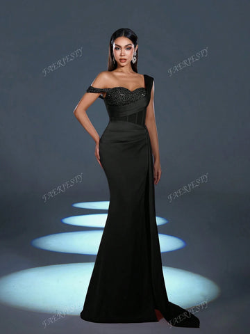 Faeriesty Asymmetrical Neck Mermaid Hem Formal Dress