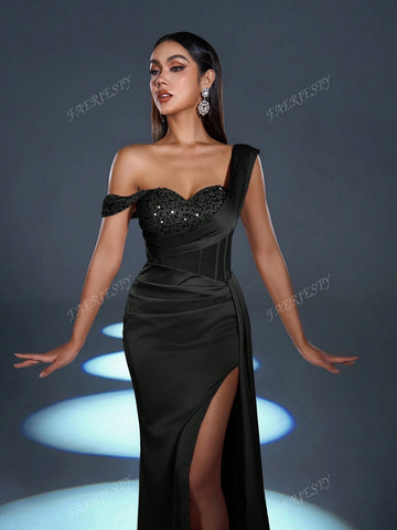 Faeriesty Asymmetrical Neck Mermaid Hem Formal Dress
