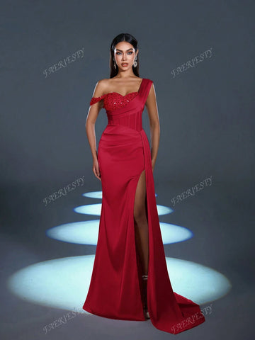 Faeriesty Asymmetrical Neck Split Thigh Formal Dress