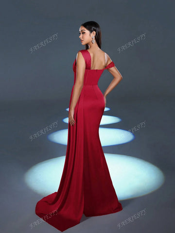 Faeriesty Asymmetrical Neck Split Thigh Formal Dress