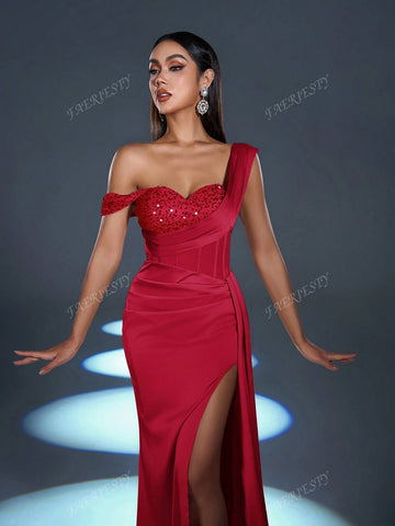 Faeriesty Asymmetrical Neck Split Thigh Formal Dress