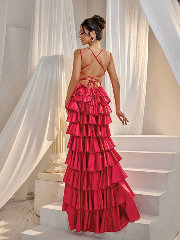 Faeriesty Backless Cascading Ruffle Hem Cami Party Dress