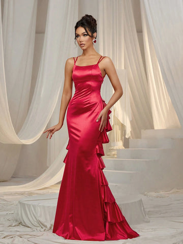 Faeriesty Backless Cascading Ruffle Hem Cami Party Dress