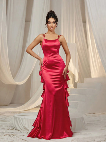 Faeriesty Backless Cascading Ruffle Hem Cami Party Dress