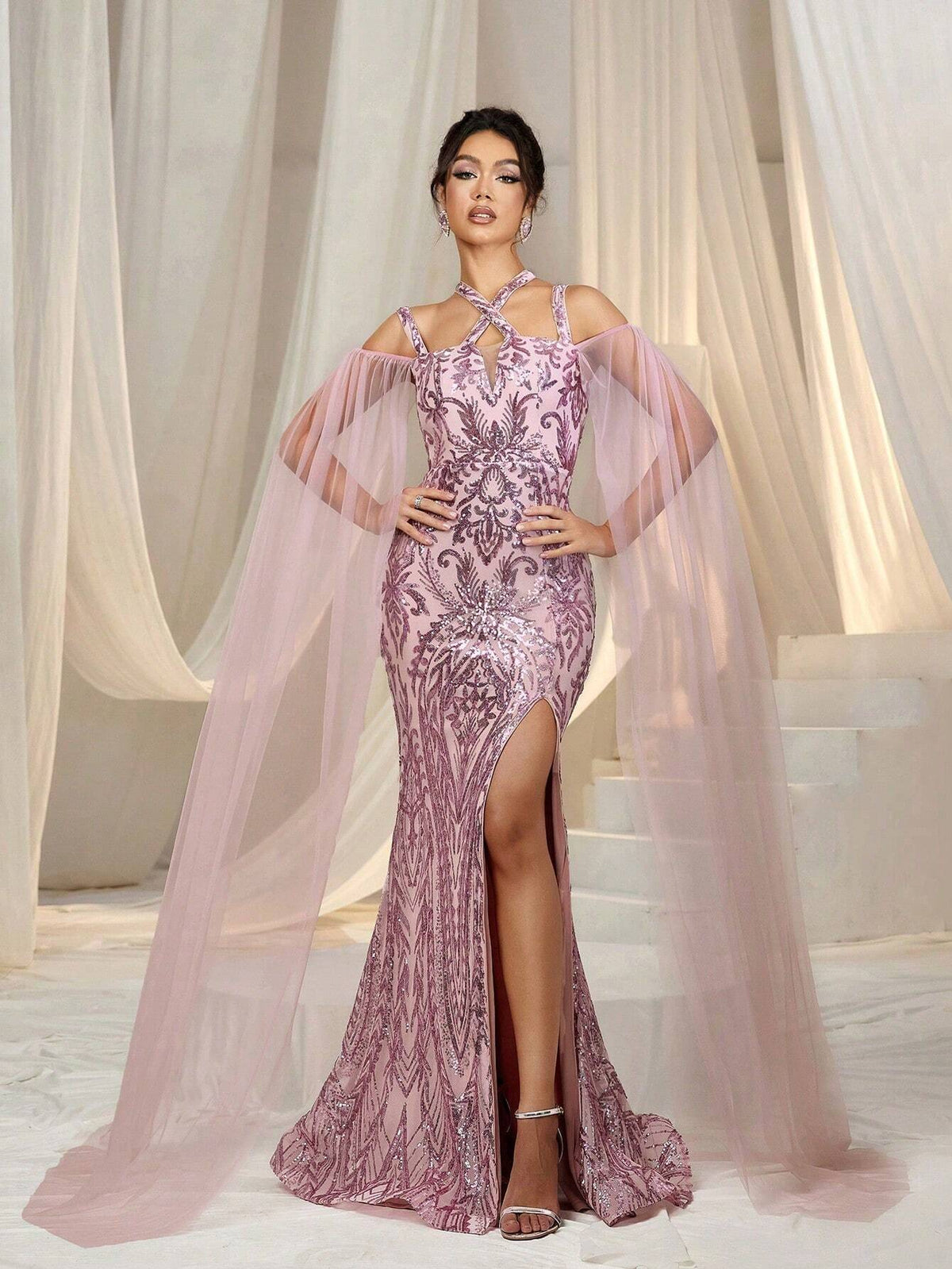 Faeriesty Crisscross Neck Cloak Sleeves Sequin Formal Dress