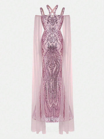 Faeriesty Crisscross Neck Cloak Sleeves Sequin Formal Dress