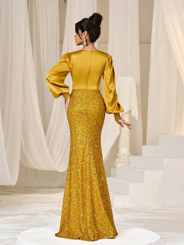 Faeriesty Deep V-Neck Mermaid Hem Sequin Formal Party Dress Woman Formal Ball Gown