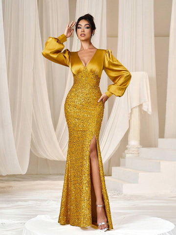 Faeriesty Deep V-Neck Mermaid Hem Sequin Formal Party Dress Woman Formal Ball Gown