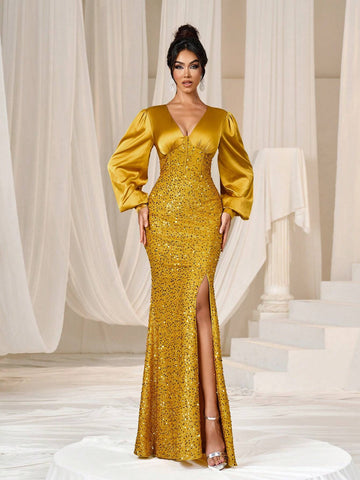 Faeriesty Deep V-Neck Mermaid Hem Sequin Formal Party Dress Woman Formal Ball Gown