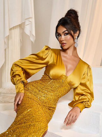 Faeriesty Deep V-Neck Mermaid Hem Sequin Formal Party Dress Woman Formal Ball Gown