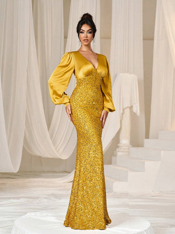 Faeriesty Deep V-Neck Mermaid Hem Sequin Formal Party Dress Woman Formal Ball Gown