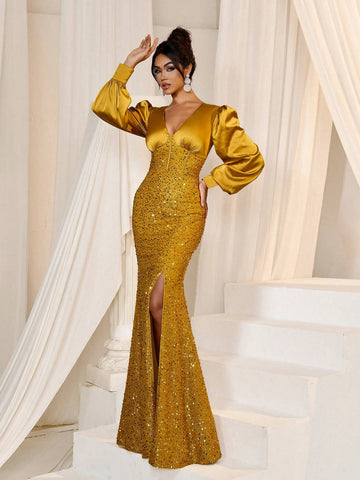 Faeriesty Deep V-Neck Mermaid Hem Sequin Formal Party Dress Woman Formal Ball Gown