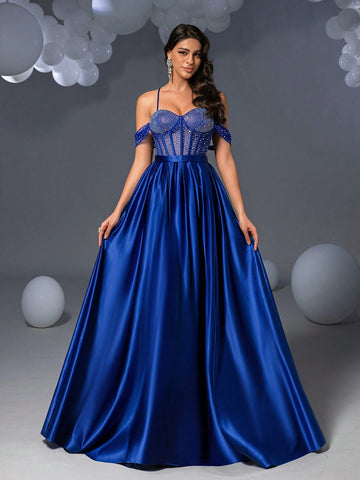Faeriesty Elegant Rhinestone Detail Satin Cami Prom Dress