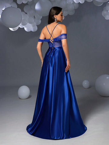 Faeriesty Elegant Rhinestone Detail Satin Cami Prom Dress