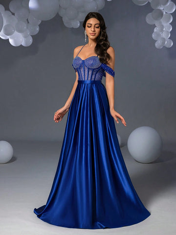 Faeriesty Elegant Rhinestone Detail Satin Cami Prom Dress