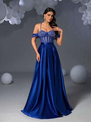 Faeriesty Elegant Rhinestone Detail Satin Cami Prom Dress