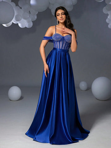 Faeriesty Elegant Rhinestone Detail Satin Cami Prom Dress