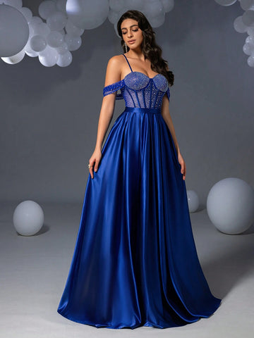 Faeriesty Elegant Rhinestone Detail Satin Cami Prom Dress