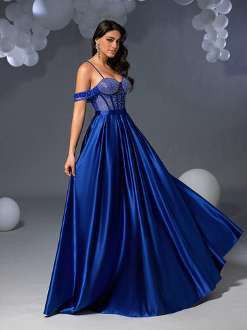 Faeriesty Elegant Rhinestone Detail Satin Cami Prom Dress