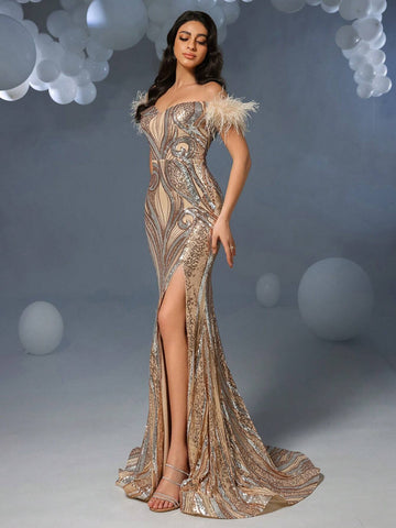 Faeriesty Feather Trim Off Shoulder Mermaid Hem Graphic Sequin Formal Prom Dress