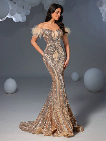 Faeriesty Feather Trim Off Shoulder Mermaid Hem Graphic Sequin Formal Prom Dress