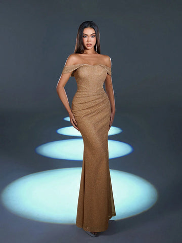 Faeriesty Glitter Off Shoulder Ruched Wrap Hem Formal Dress