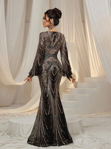 Faeriesty Graphic Sequin Lantern Sleeves Mermaid Dress