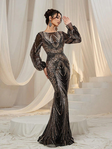 Faeriesty Graphic Sequin Lantern Sleeves Mermaid Dress