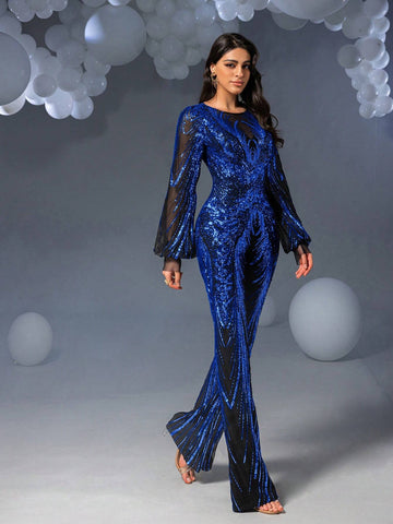 Faeriesty Graphic Sequin Lantern Sleeves Party Jumpsuit