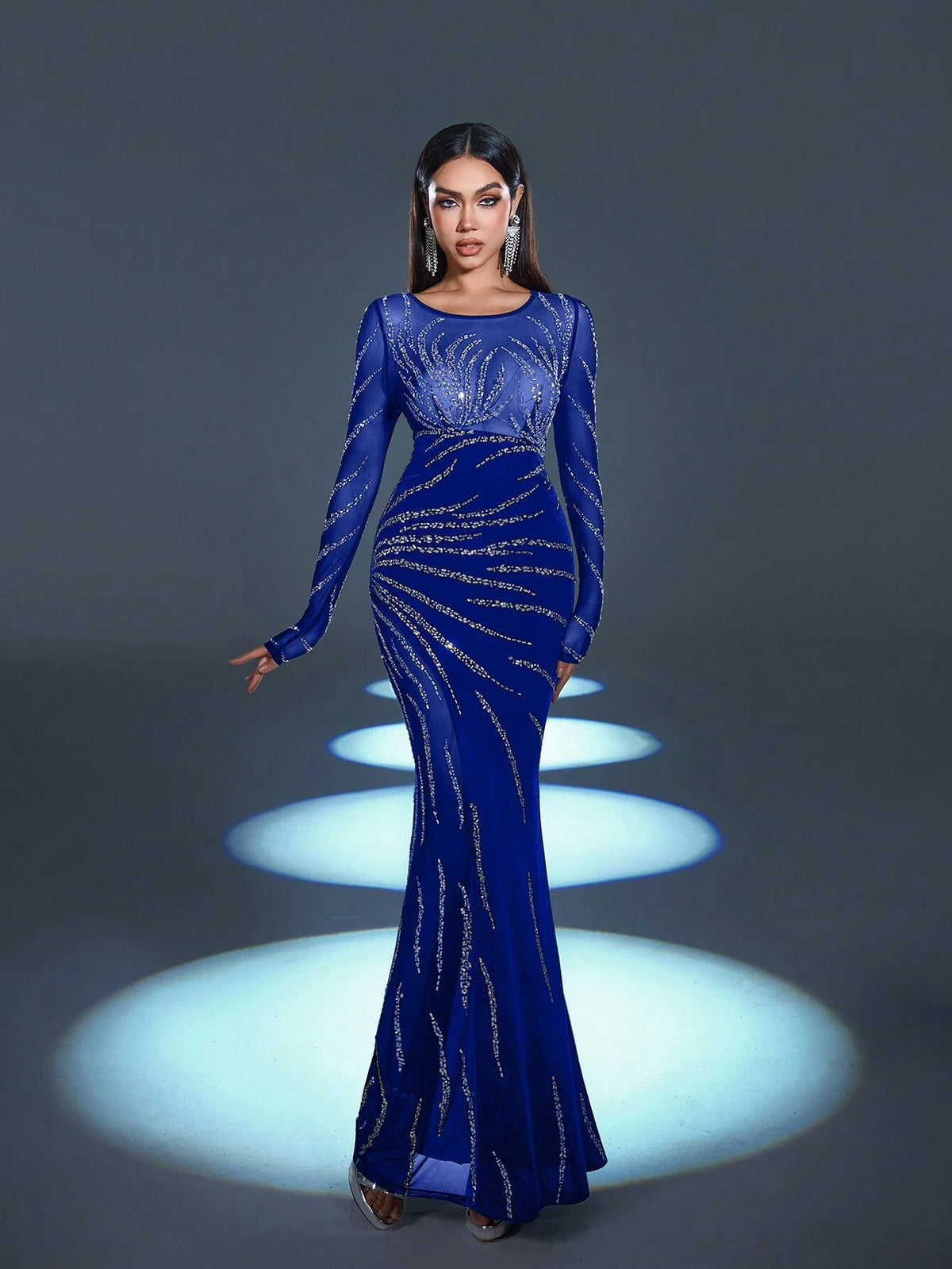 Faeriesty Long Sleeve See-Through Location Rhinestone Detail Mermaid Hem Gorgeous And Elegant Prom Party Dress