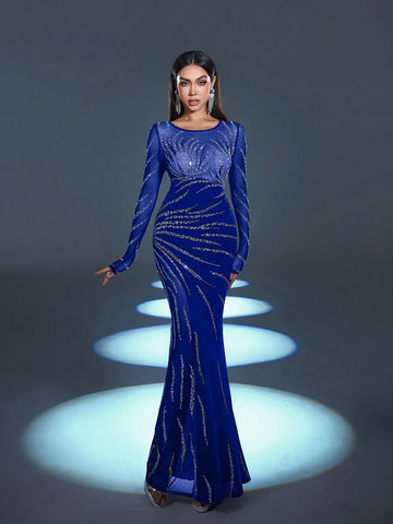 Faeriesty Long Sleeve See-Through Location Rhinestone Detail Mermaid Hem Gorgeous And Elegant Prom Party Dress