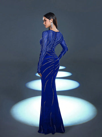 Faeriesty Long Sleeve See-Through Location Rhinestone Detail Mermaid Hem Gorgeous And Elegant Prom Party Dress