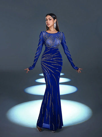 Faeriesty Long Sleeve See-Through Location Rhinestone Detail Mermaid Hem Gorgeous And Elegant Prom Party Dress