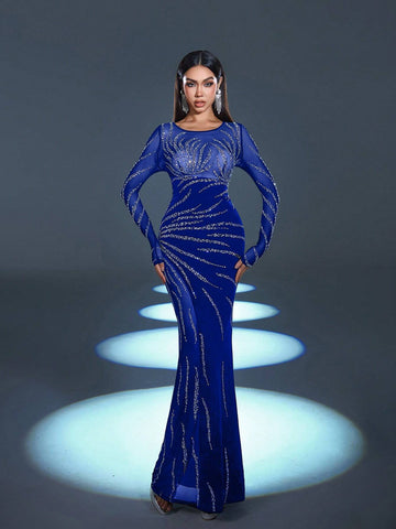 Faeriesty Long Sleeve See-Through Location Rhinestone Detail Mermaid Hem Gorgeous And Elegant Prom Party Dress