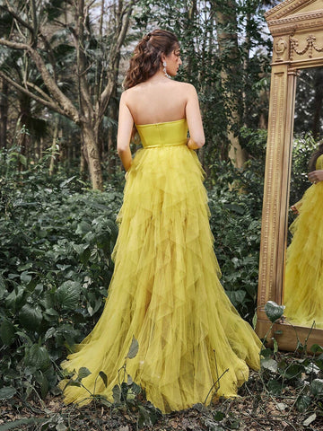 Faeriesty Mesh Overlay Hem Split Thigh Tube Formal Dress