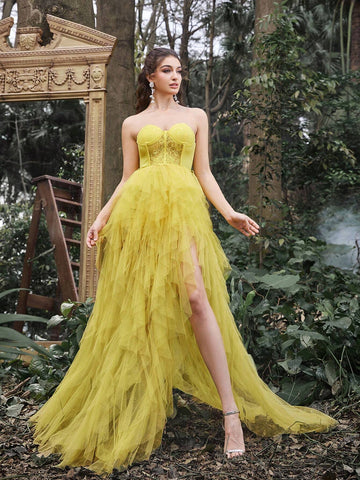 Faeriesty Mesh Overlay Hem Split Thigh Tube Formal Dress