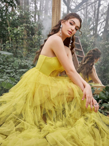 Faeriesty Mesh Overlay Hem Split Thigh Tube Formal Dress