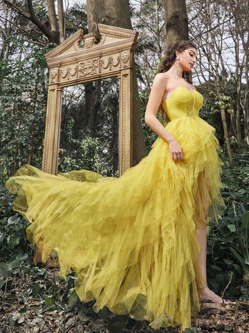 Faeriesty Mesh Overlay Hem Split Thigh Tube Formal Dress