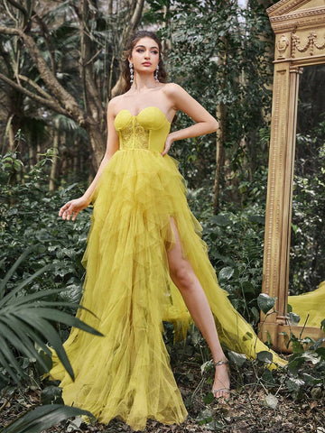 Faeriesty Mesh Overlay Hem Split Thigh Tube Formal Dress