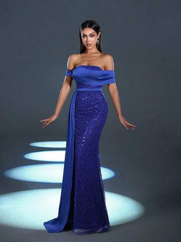 Faeriesty Off Shoulder Draped Side Split Sequin Formal Dress