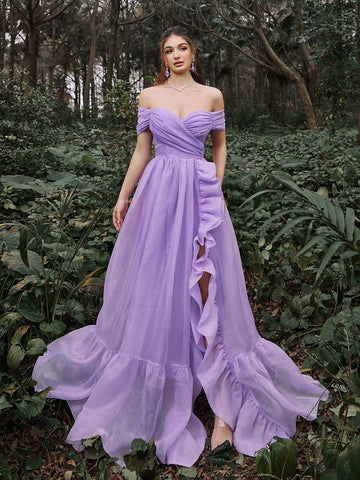 Faeriesty Off Shoulder Ruffle Trim Mesh Prom Dress